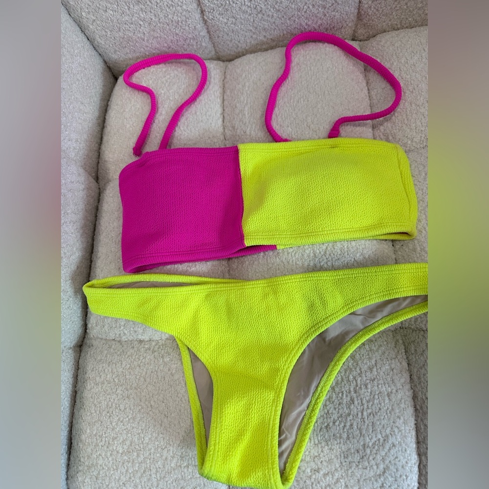 Colorblock Neon Bandeau Bikini - Hot Pink & Neon Yellow